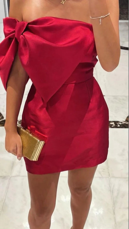 Aimishang Chic Sheath Bow Satin Short Formal 15th Birthday Party Dress Cute Mini Homecoming Dress
