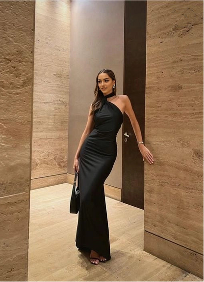 Aimishang Chic Sheath Halter Neck Sleeveless Backless Long Party Evening Gown Black Maxi Dress
