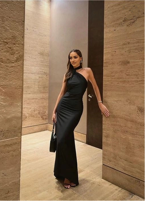 Aimishang Chic Sheath Halter Neck Sleeveless Backless Long Party Evening Gown Black Maxi Dress