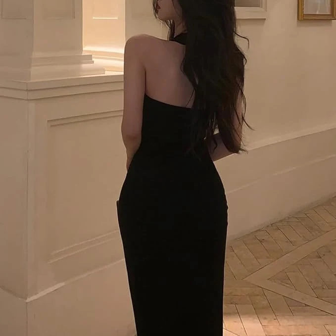 Aimishang Chic Sheath Black Halter Neck Sleeveless High Slit Midi Women's Party Dress