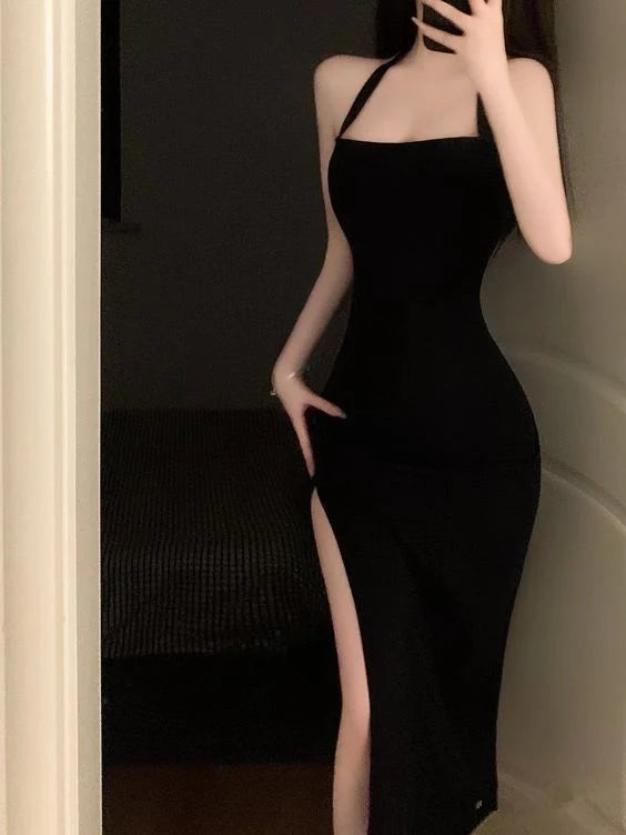 Aimishang Chic Sheath Black Halter Neck Sleeveless High Slit Midi Women's Party Dress