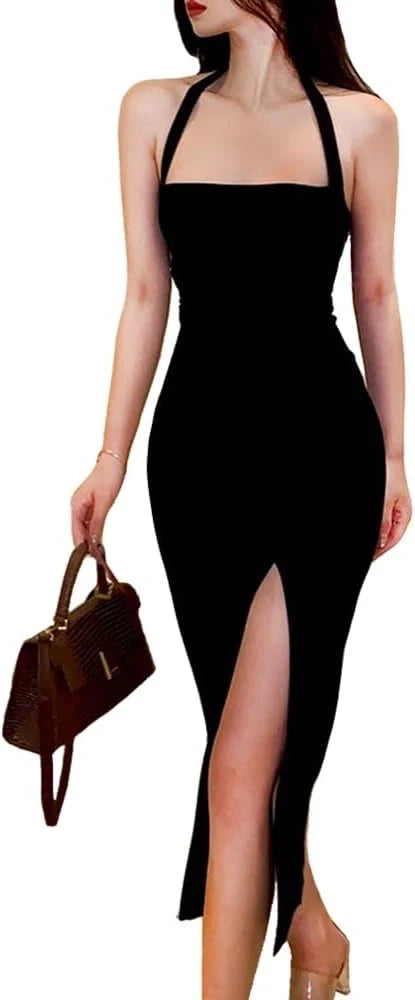 Aimishang Chic Sheath Black Halter Neck Sleeveless High Slit Midi Women's Party Dress