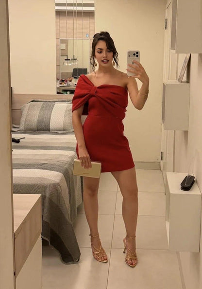 Aimishang Chic Sheath Off The Shoulder Bow Short Formal Birthday Party Dress Lovely Mini Homecoming Dress