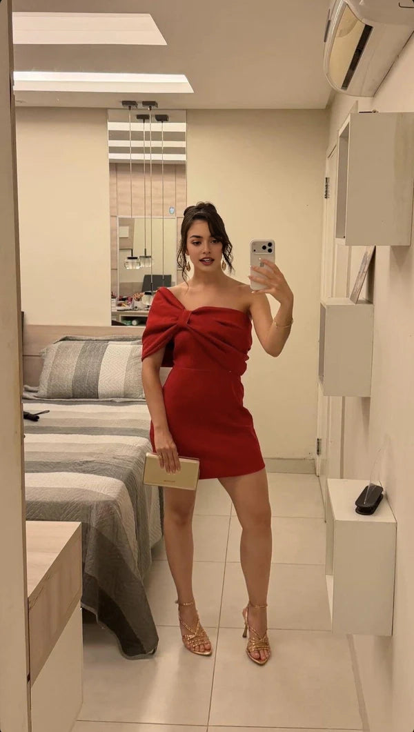 Aimishang Chic Sheath Off The Shoulder Bow Short Formal Birthday Party Dress Lovely Mini Homecoming Dress