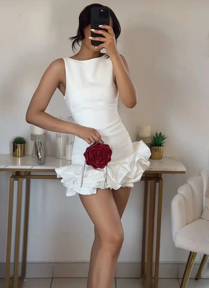 Aimishang Chic Sheath Round Neck Sleeveless Satin Short Homecoming Dress Summer Mini Graduation Party Dress