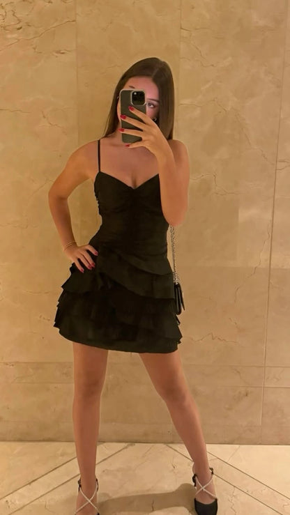 Aimishang Chic Spaghetti Straps A Line Black Sleeveless Ruffle Short Homecoming Dress Summer Graduation Party Dress