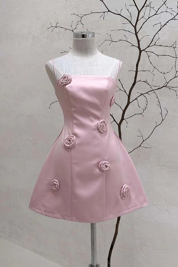 Aimishang Chic Spaghetti Straps A Line Satin Sleeveless Short Homecoming Dress Summer Mini Party Dress With Flowers