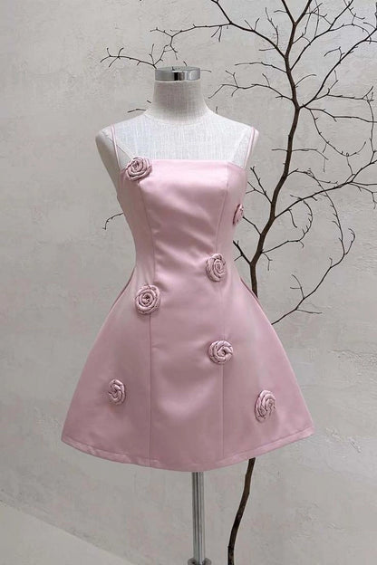 Aimishang Chic Spaghetti Straps A Line Satin Sleeveless Short Homecoming Dress Summer Mini Party Dress With Flowers