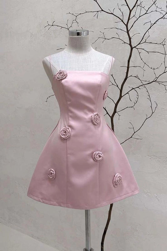 Aimishang Chic Spaghetti Straps A Line Satin Sleeveless Short Homecoming Dress Summer Mini Party Dress With Flowers