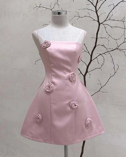 Aimishang Chic Spaghetti Straps A Line Satin Sleeveless Short Homecoming Dress Summer Mini Party Dress With Flowers
