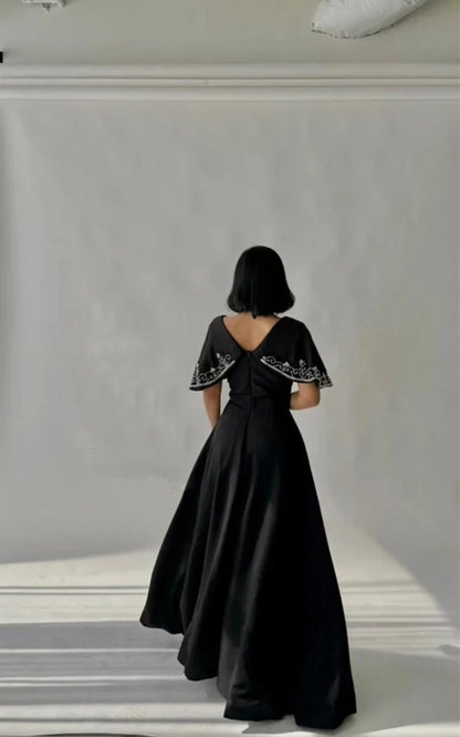 Aimishang Chic Black A line V-neck Party Evening Gown Elegant Long Formal Prom Dress With Beading