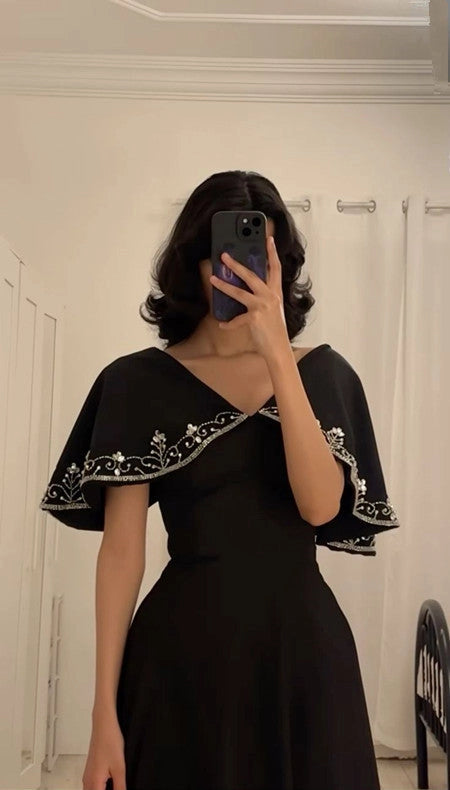Aimishang Chic Black A line V-neck Party Evening Gown Elegant Long Formal Prom Dress With Beading