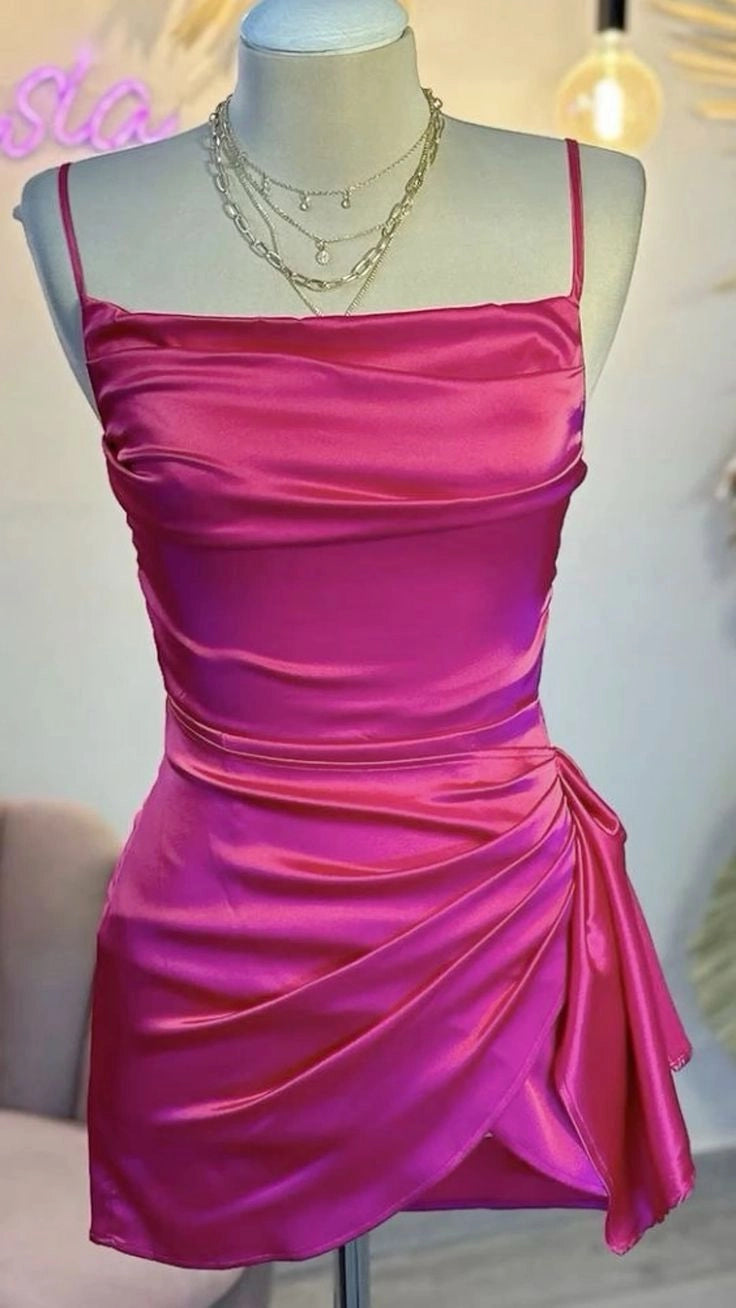 Aimishang Chic Spaghetti Straps Sheath Sleeveless Satin Summer Short Homecoming Dress Mini Graduation Party Dress