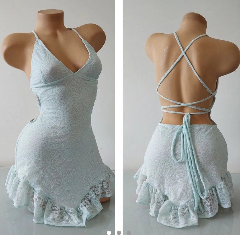 Aimishang Chic Spaghetti Straps Sleeveless Lace Backless Short Homecoming Dress Summer Mini Birthday Party Dress