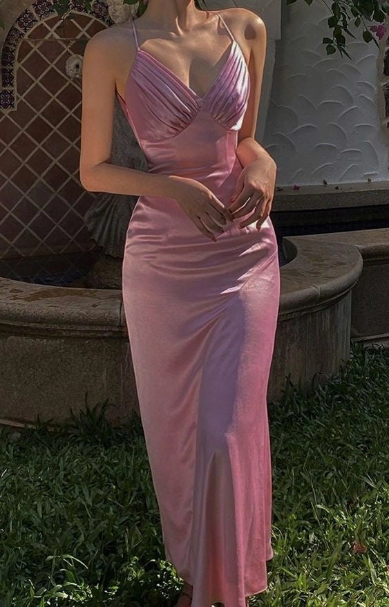 Aimishang Chic Spaghetti Straps Sleeveless Satin Party Evening Gown Elegant Wedding Guest Dress for Women