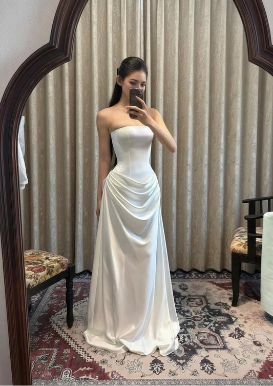 Aimishang Chic Strapless A Line Sleeveless Satin Long Wedding Party Dress Charming Bridal Gowns