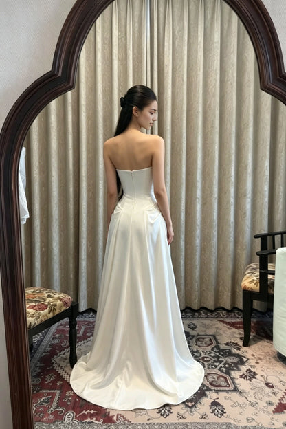 Aimishang Chic Strapless A Line Sleeveless Satin Long Wedding Party Dress Charming Bridal Gowns