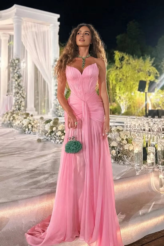 Aimishang Chic Strapless A Line Sweetheart Neck Sleeveless Long Evening Party Dress With Pleated Elegant Wedding Guest Dress