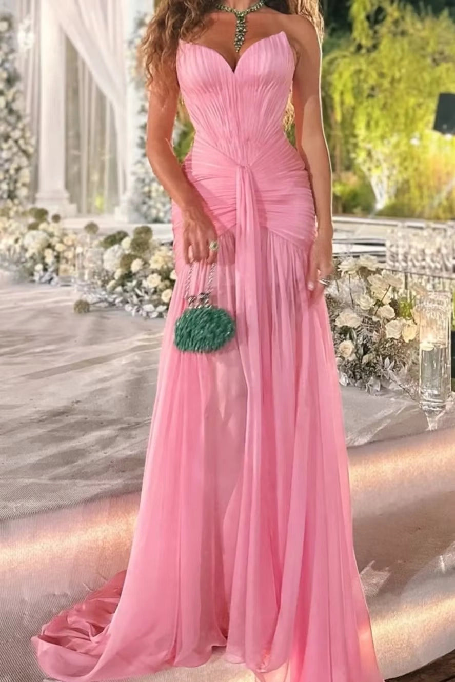 Aimishang Chic Strapless A Line Sweetheart Neck Sleeveless Long Evening Party Dress With Pleated Elegant Wedding Guest Dress
