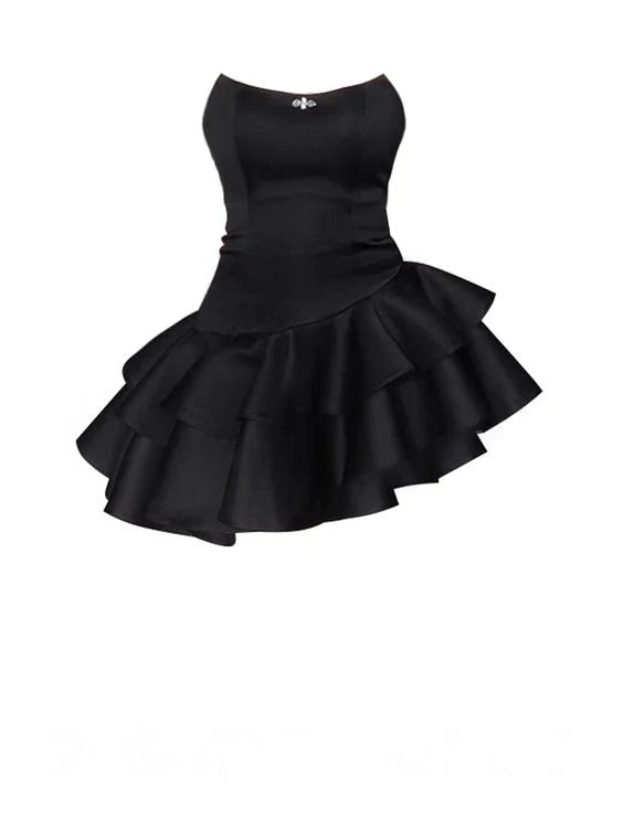 Aimishang Chic Strapless Black Satin Short Prom Dress Layered Homecoming Dress Lovely Party Dress