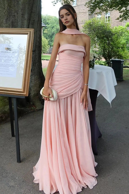 Aimishang Chic Strapless Sleeveless Chiffon Long Evening Party Dress With Pleated Elegant Wedding Guest Dress
