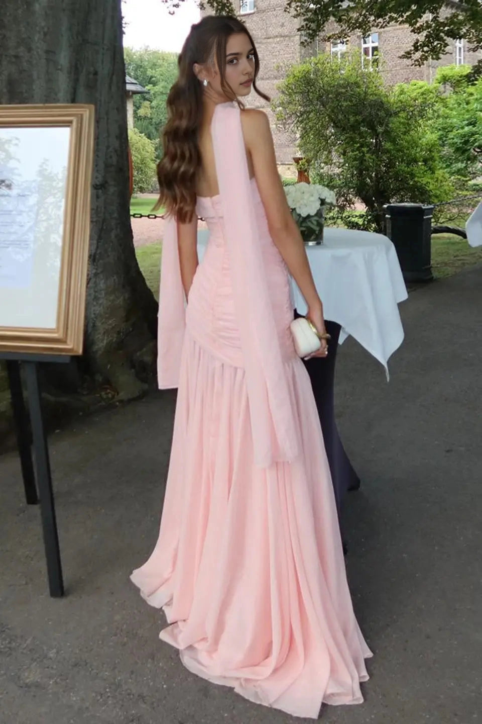 Aimishang Chic Strapless Sleeveless Chiffon Long Evening Party Dress With Pleated Elegant Wedding Guest Dress