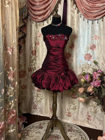 Aimishang Chic Strapless Sleeveless Ruched Short Formal Prom Dress Vintage Mini Homecoming Dress