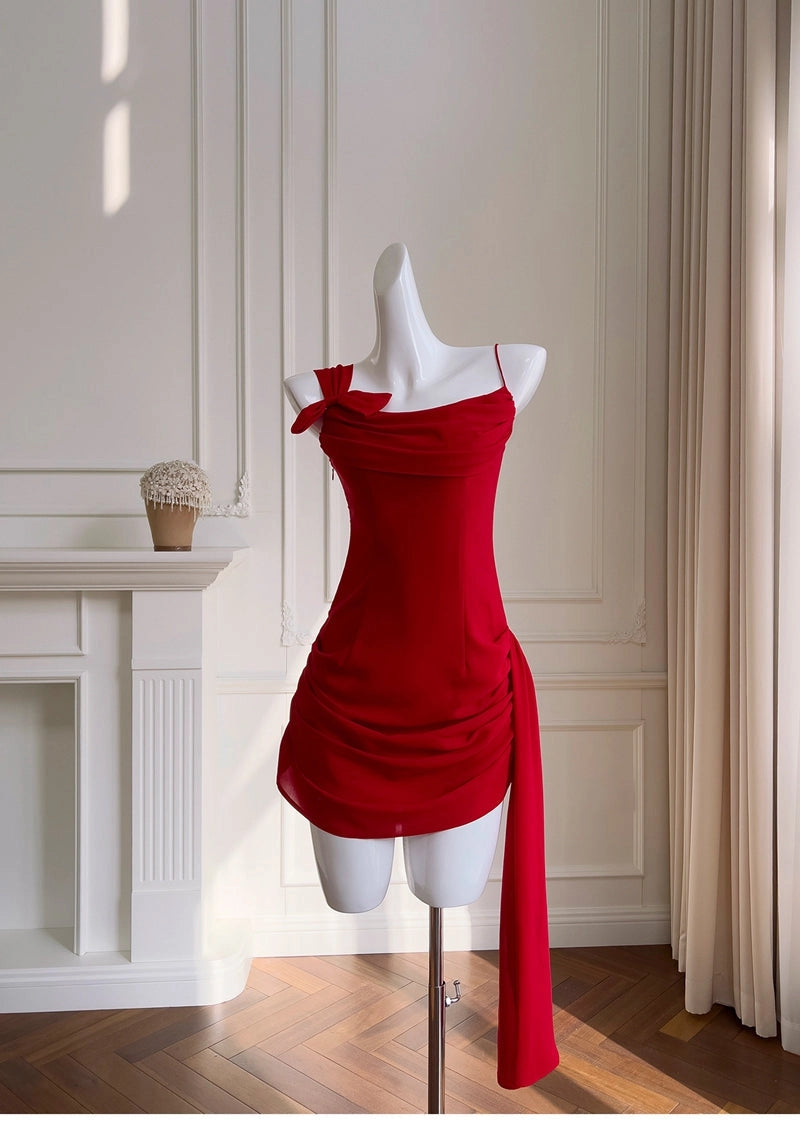 Aimishang Chic Straps Bow Sleeveless Short Homecoming Dresses Summer Graduation Party Dress with Side Draping