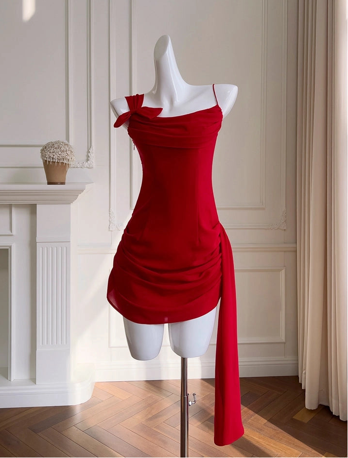 Aimishang Chic Straps Bow Sleeveless Short Homecoming Dresses Summer Graduation Party Dress with Side Draping