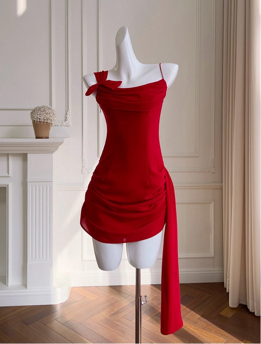 Aimishang Chic Straps Bow Sleeveless Short Homecoming Dresses Summer Graduation Party Dress with Side Draping