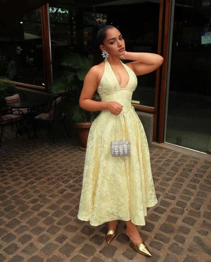 Aimishang Chic Yellow Halter A Line Sleeveless Formal Prom Dress Elegant Wedding Guest Party Dress