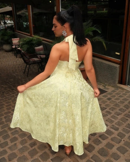Aimishang Chic Yellow Halter A Line Sleeveless Formal Prom Dress Elegant Wedding Guest Party Dress