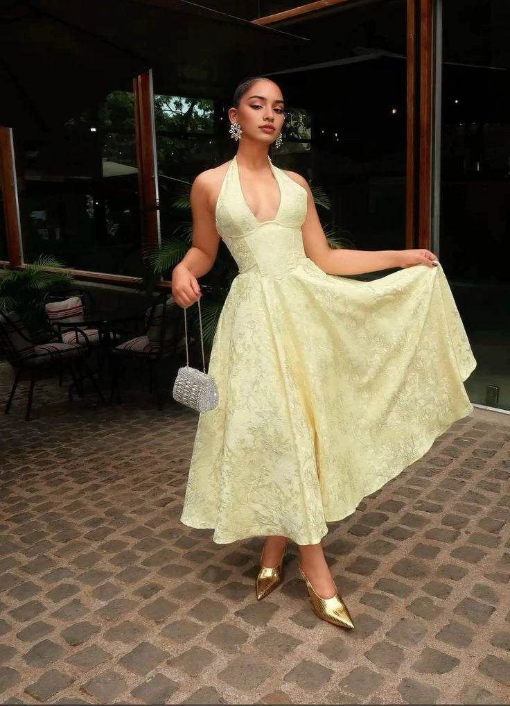 Aimishang Chic Yellow Halter A Line Sleeveless Formal Prom Dress Elegant Wedding Guest Party Dress