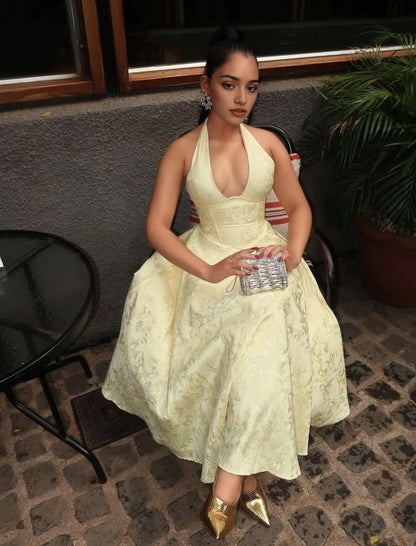 Aimishang Chic Yellow Halter A Line Sleeveless Formal Prom Dress Elegant Wedding Guest Party Dress