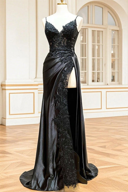 Aimishang Classy V-neck Spaghetti Straps Satin Lace Long Prom Dress Charming Evening Party Dress Elegant Women's Dresses With Slit