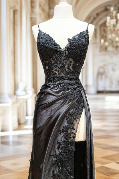 Aimishang Classy V-neck Spaghetti Straps Satin Lace Long Prom Dress Charming Evening Party Dress Elegant Women's Dresses With Slit
