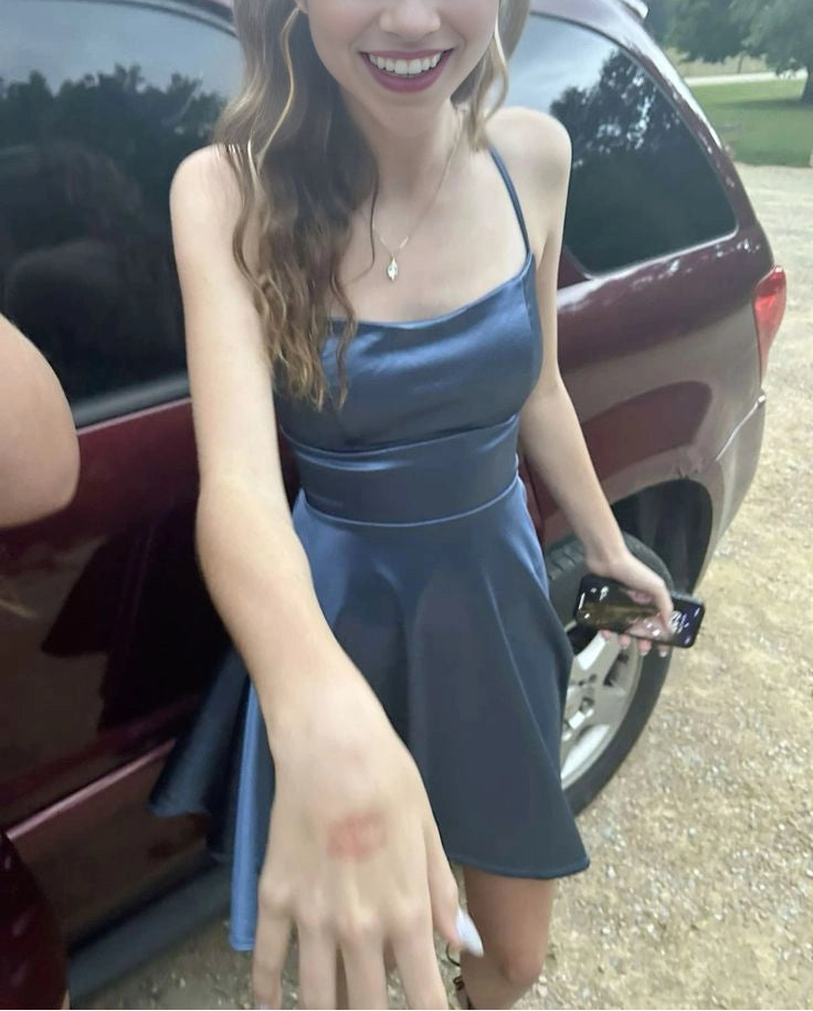 Aimishang Classy A Line Blue Spaghetti Straps Sleeveless Satin Short/Mini Homecoming Dress Summer Simple Graduation Party Dress
