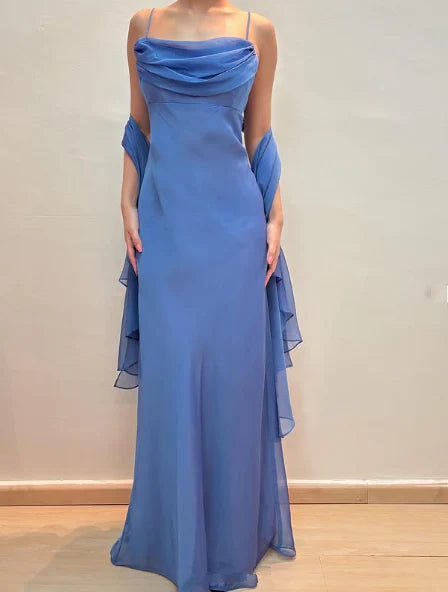 Aimishang Classy Blue Spaghetti Straps Sleeveless Wedding Guest Dress Elegant Long Formal Prom Dress