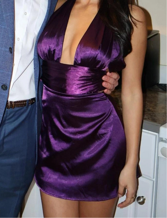 Aimishang Classy Halter Purple Satin Sleeveless Short Homecoming Dress Summer Sexy Birthday Party Dress