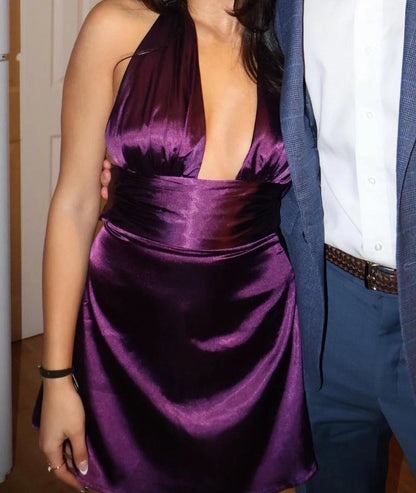 Aimishang Classy Halter Purple Satin Sleeveless Short Homecoming Dress Summer Sexy Birthday Party Dress