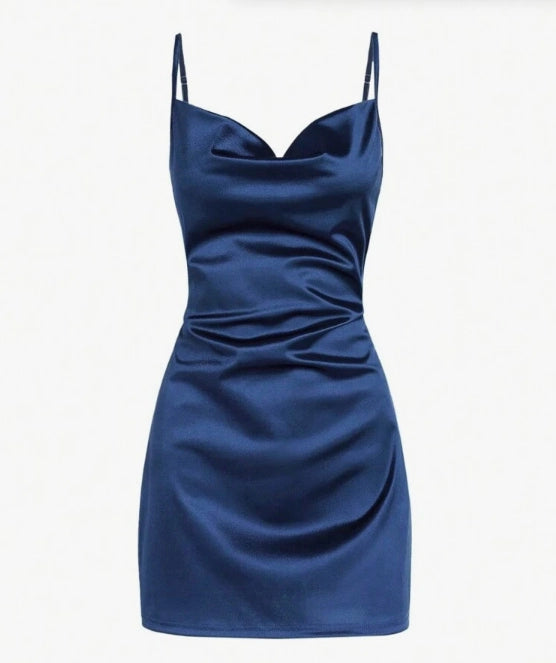 Aimishang Classy Sheath Spaghetti Straps Sleeveless Blue Satin Short Homecoming Dress Summer Graduation Party Dress