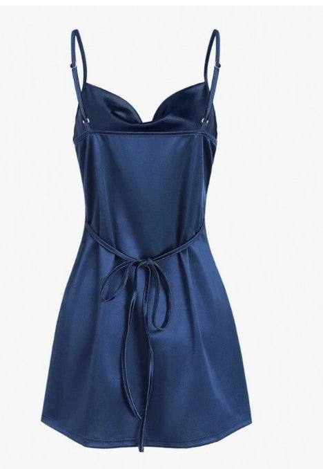 Aimishang Classy Sheath Spaghetti Straps Sleeveless Blue Satin Short Homecoming Dress Summer Graduation Party Dress