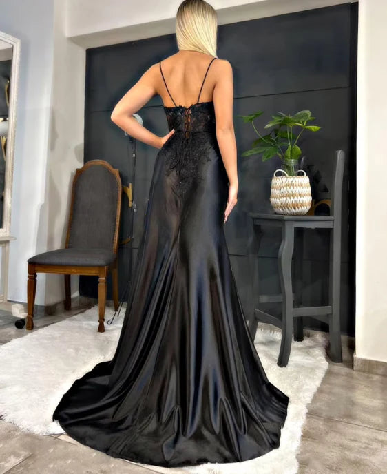 Aimishang Classy V-neck Spaghetti Straps Satin Lace Long Prom Dress Charming Evening Party Dress Elegant Women's Dresses With Slit