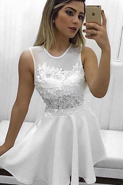 Wholesale Homecoming Dresses A Line Round Neck Lace Appliques White Chiffon