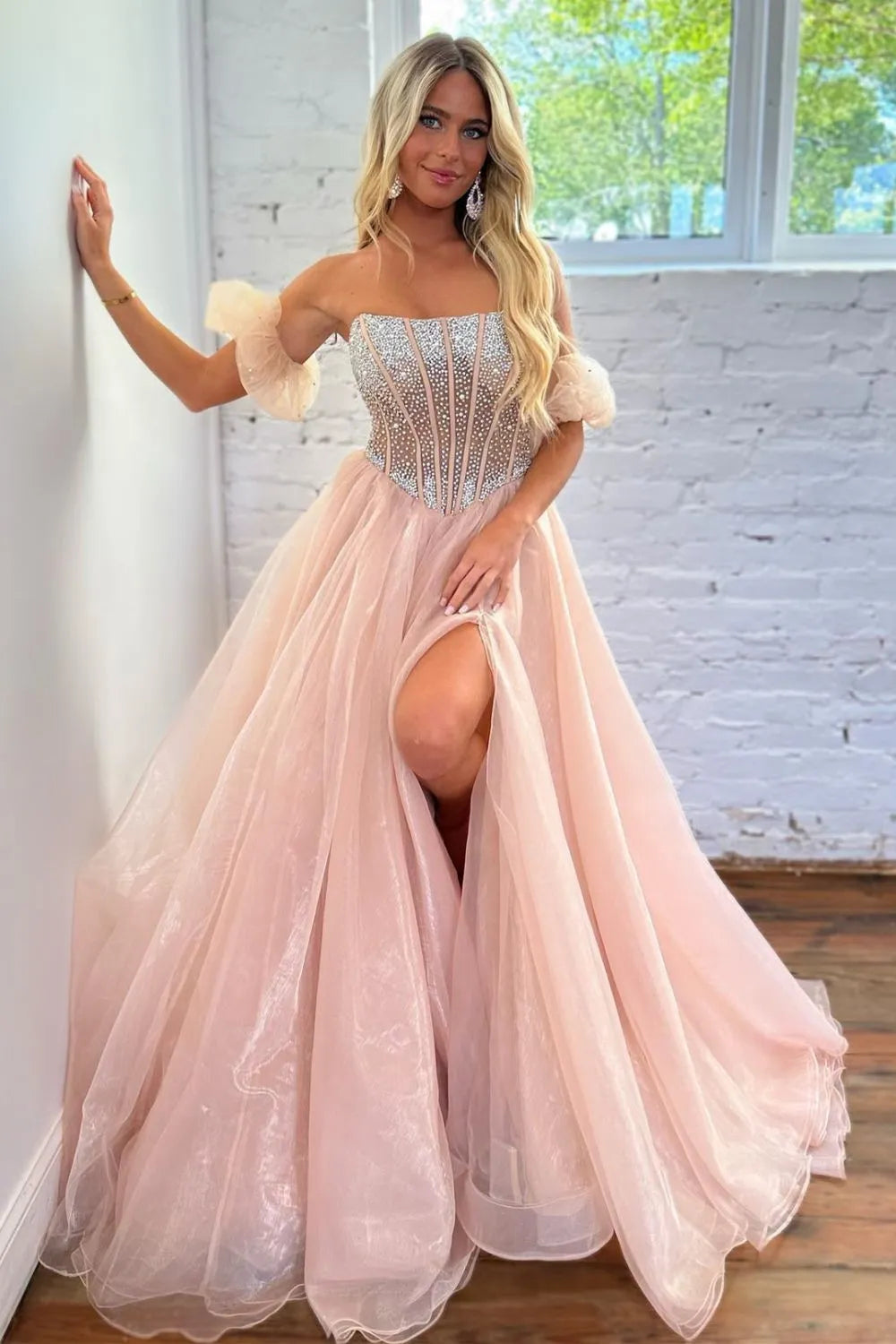 Wholesale A-Line Prom Dress Strapless Tulle With Split And Beading