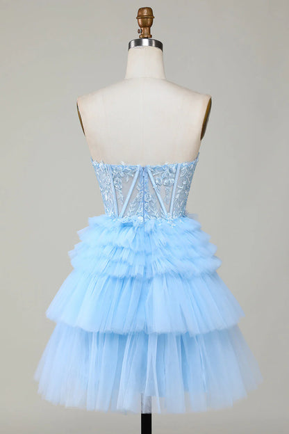 Wholesale Trendy Blue A Line Sweetheart Tiered Short Homecoming Dress with Ruffles