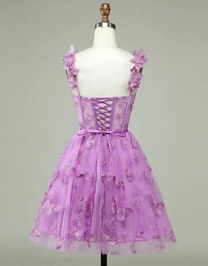 Wholesale Cute Purple A-Line Lace Up Tulle Homecoming Dress With Appliques