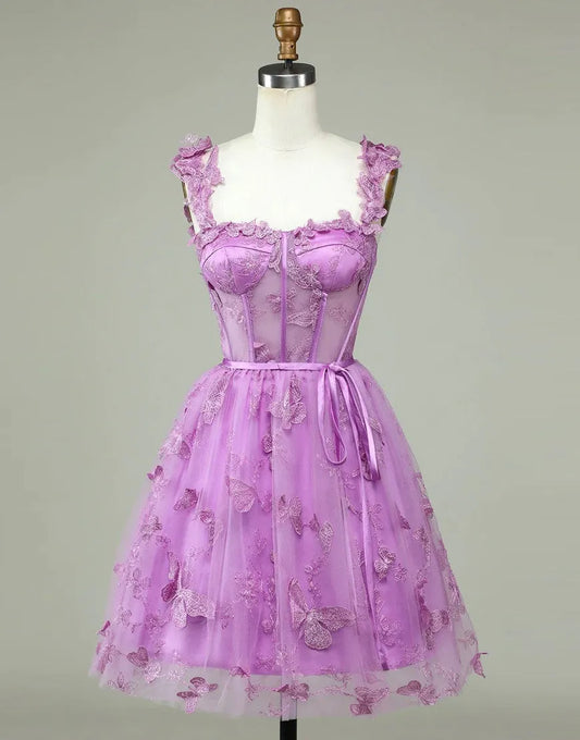 Wholesale Cute Purple A-Line Lace Up Tulle Homecoming Dress With Appliques