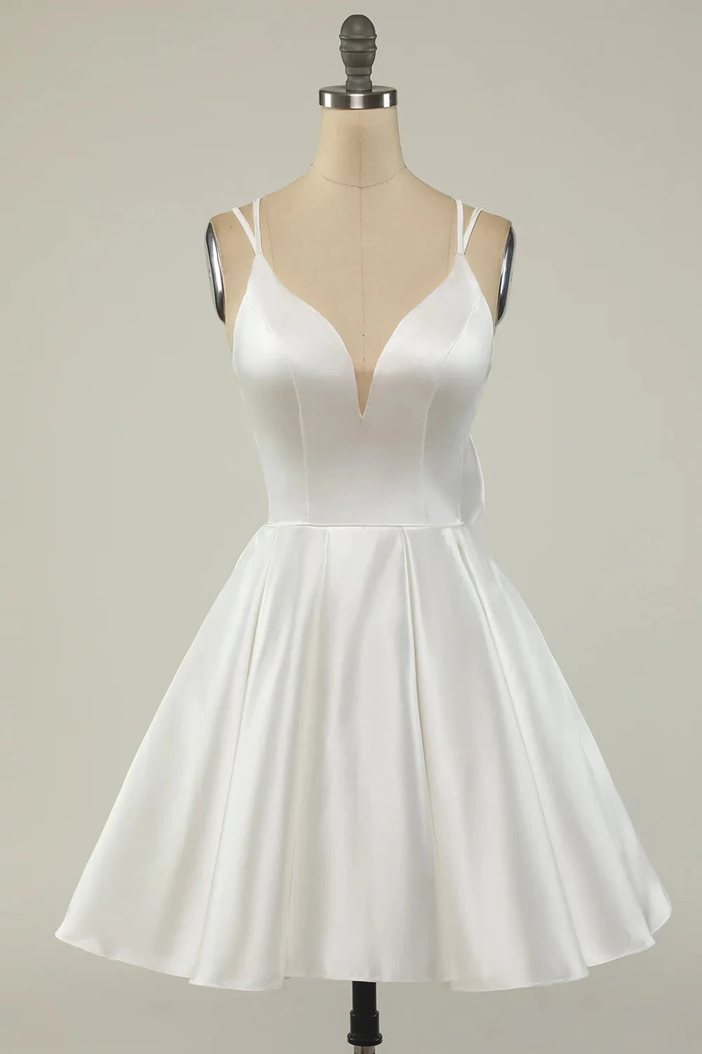 Aimishang Cute A-Line Spaghetti Straps Plunge V-Neck Sleeveless Back Bow Satin Short Homecoming Dress Women Party Gown