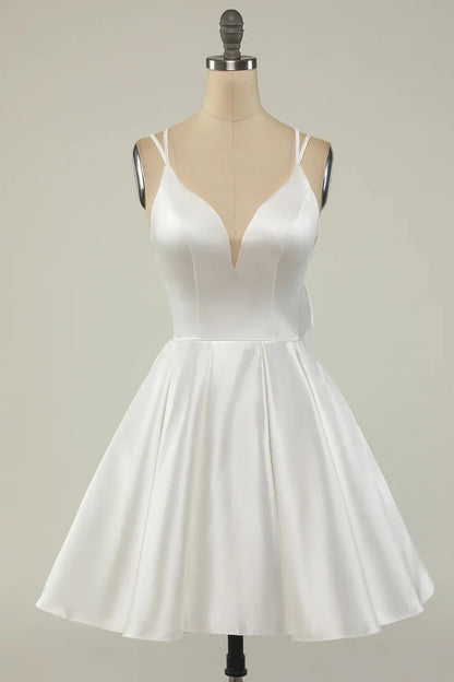 Aimishang Cute A-Line Spaghetti Straps Plunge V-Neck Sleeveless Back Bow Satin Short Homecoming Dress Women Party Gown